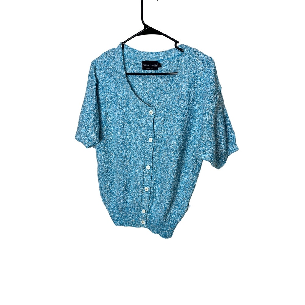 Vintage Pierre Cardin Blue White Marled Short‎ Sleeve Button Up Knit Cardigan L